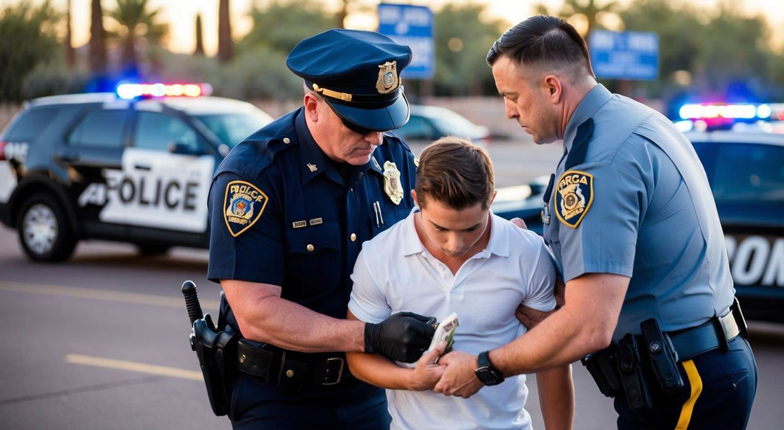 A person being arrested by a police officer for drug possession in Arizona