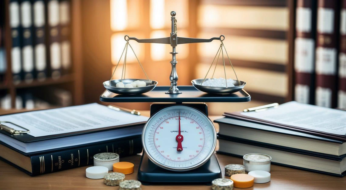 A scale weighing illegal drugs, surrounded by legal documents and law books