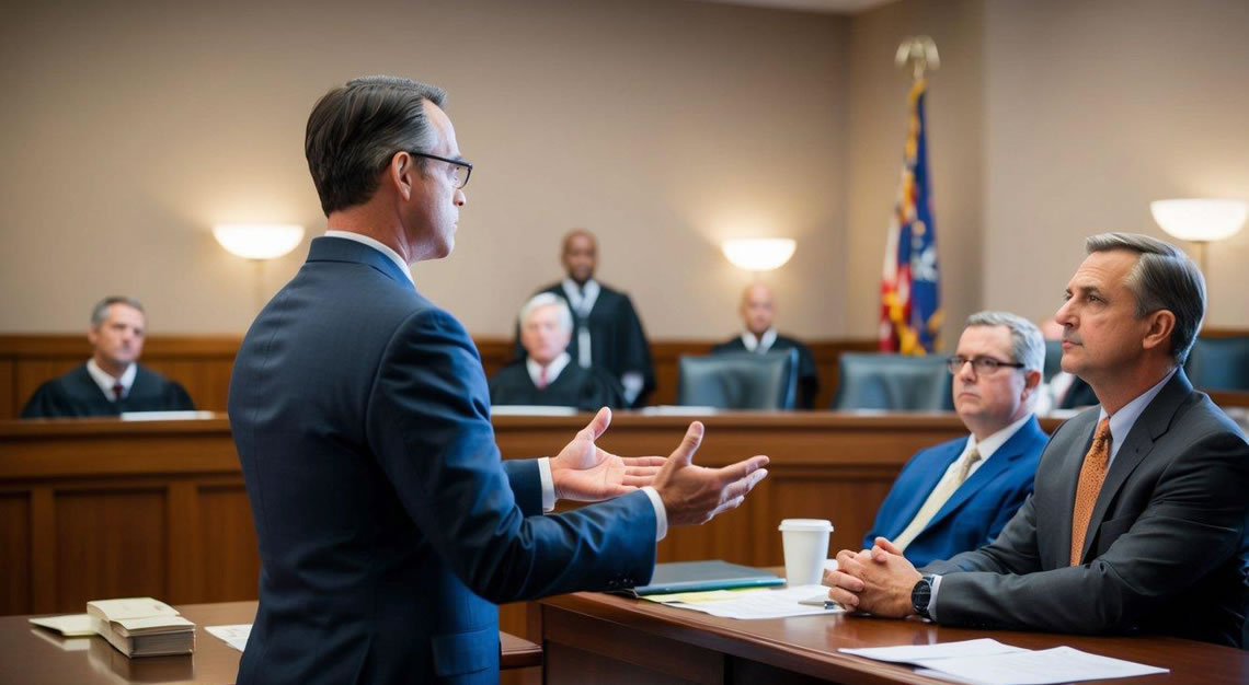 A courtroom with a defense attorney presenting evidence and arguments to a judge and jury in a drug possession case in Arizona